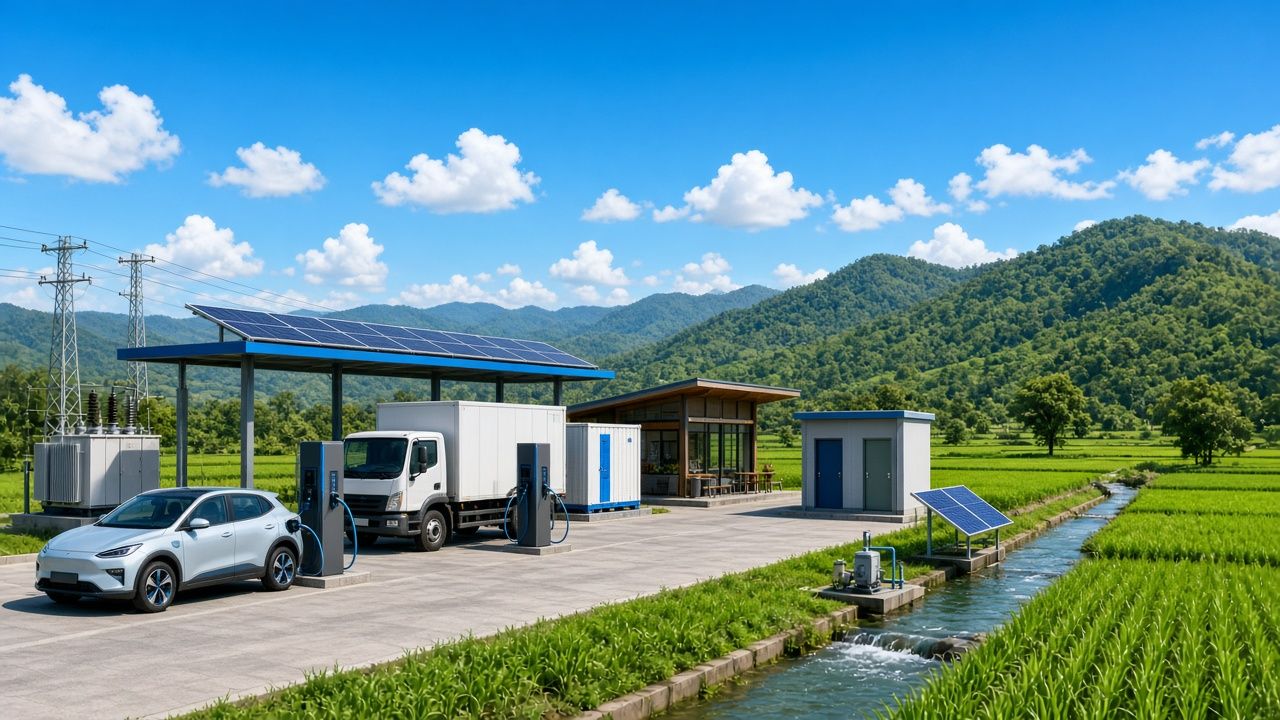 A car and a truck charging under a solar canopy, with a grid transformer and a battery storage container nearby, next to irrigated green farmland and hills on a sunny day.