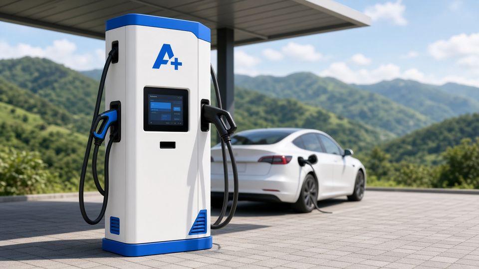 A Plus Charge DC fast EV charger with an electric car charging