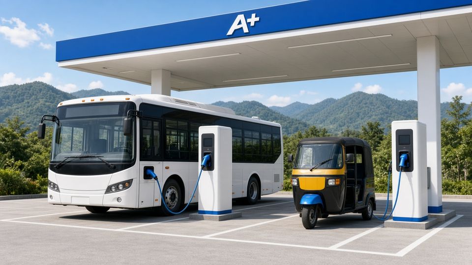 An electric bus and an electric 3-wheeler charging at an A Plus Charge (A+) branded charging hub, with green hills behind.