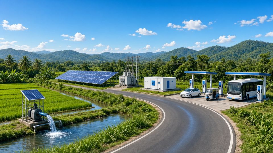 An arc of clean energy: a solar pump irrigating rice fields, a solar array, a grid transformer and a battery storage container, then a road leading to EV chargers for a car, an electric 3-wheeler and an electric bus.